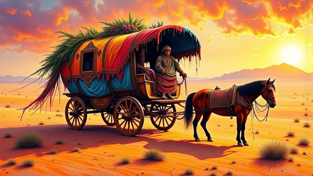 Vibrant Gypsy Wagon in Desert Sunset