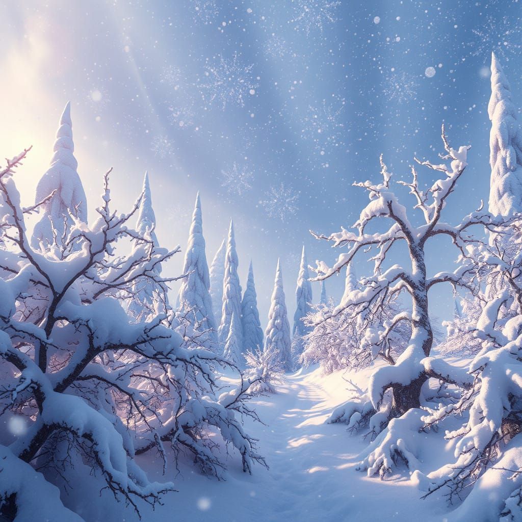 Mystical Snowstorm in Whimsical, Dreamlike Landscape