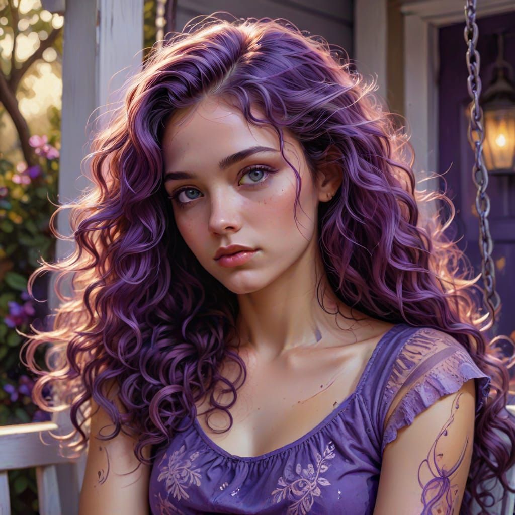Hyper-Realistic Woman with Amethyst Hair in Alcohol Ink Styl...