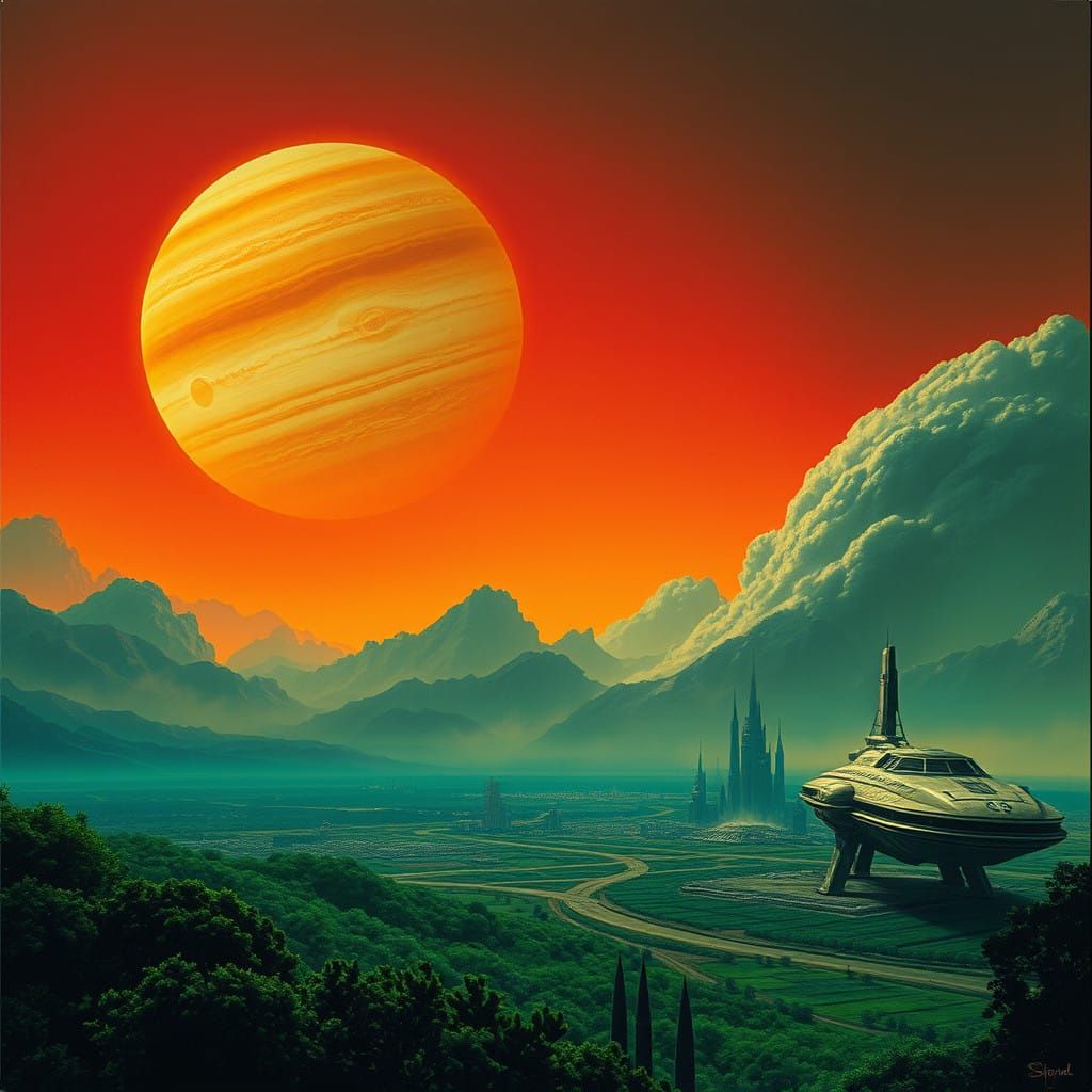 Ethereal Titan in a Crimson Amber Haze, with Futuristic City...
