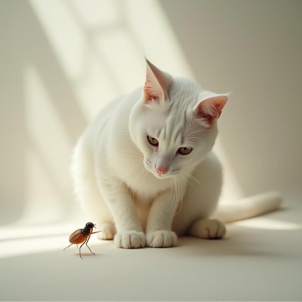 Flea Leaping from White Cat in Hyperrealism