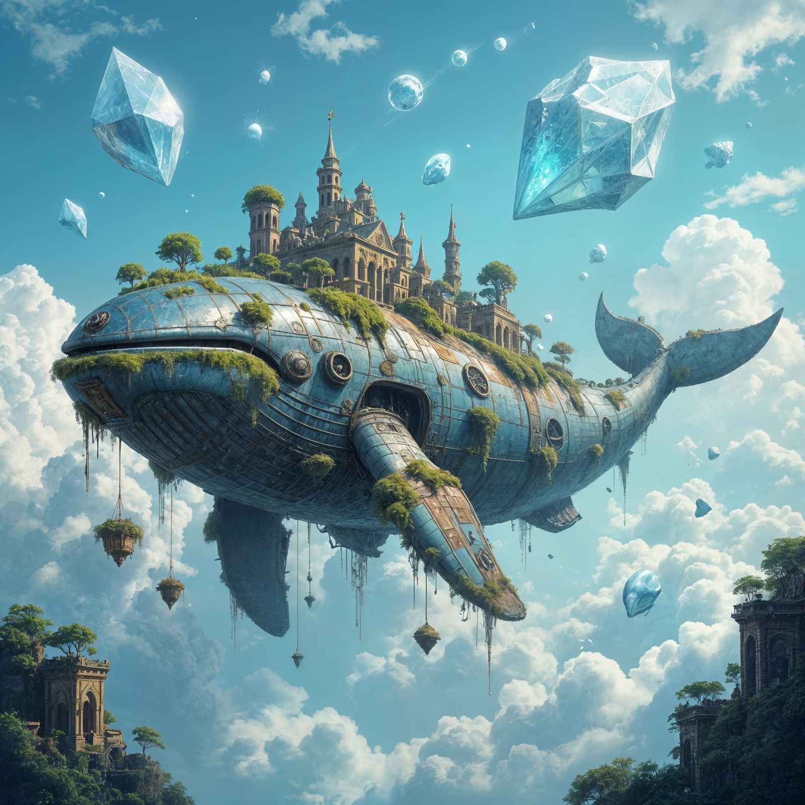 Mechanical Whale with Gardens Drifts Through Crystalline Ast...