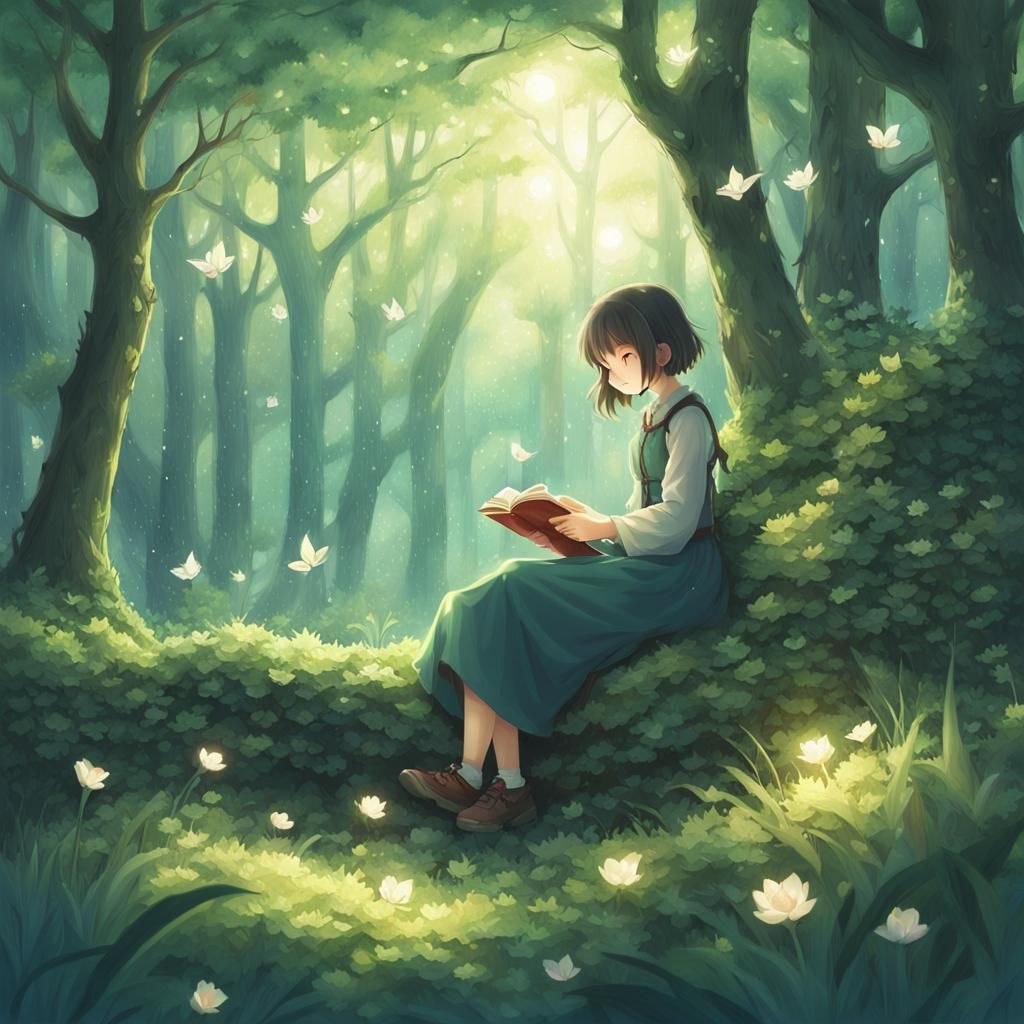 Girl Reading in Magical Anime Forest