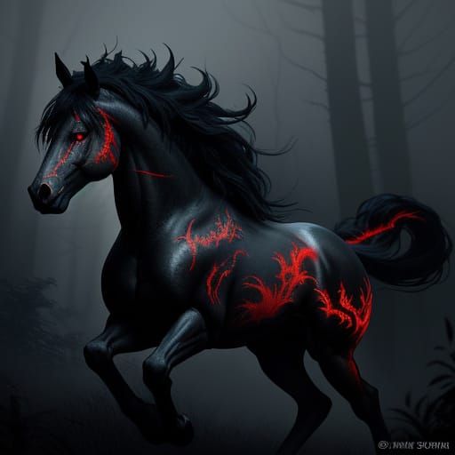 Dark Fantasy Anime Nightmare Horse in Exaggerated 3D Style
