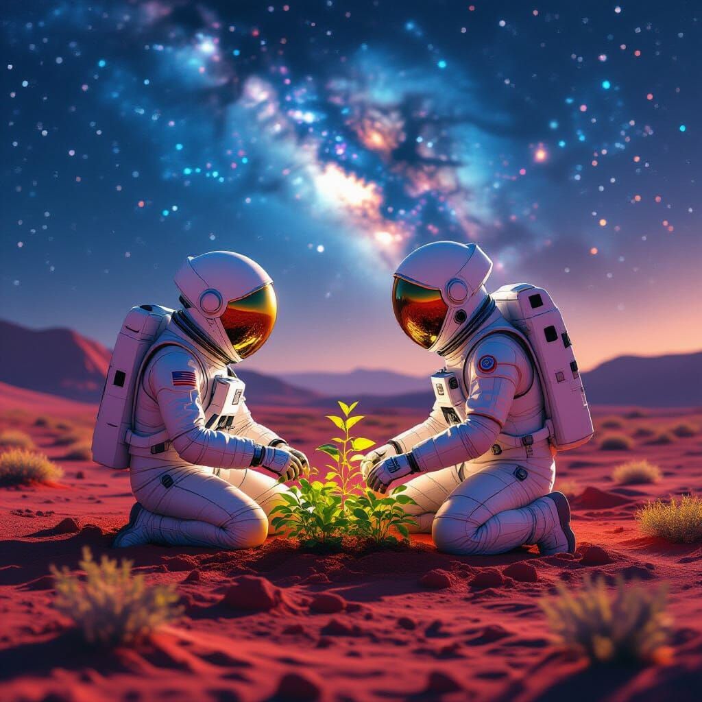 Astronaut Tends Vibrant Mars Garden Under Nebula Sky