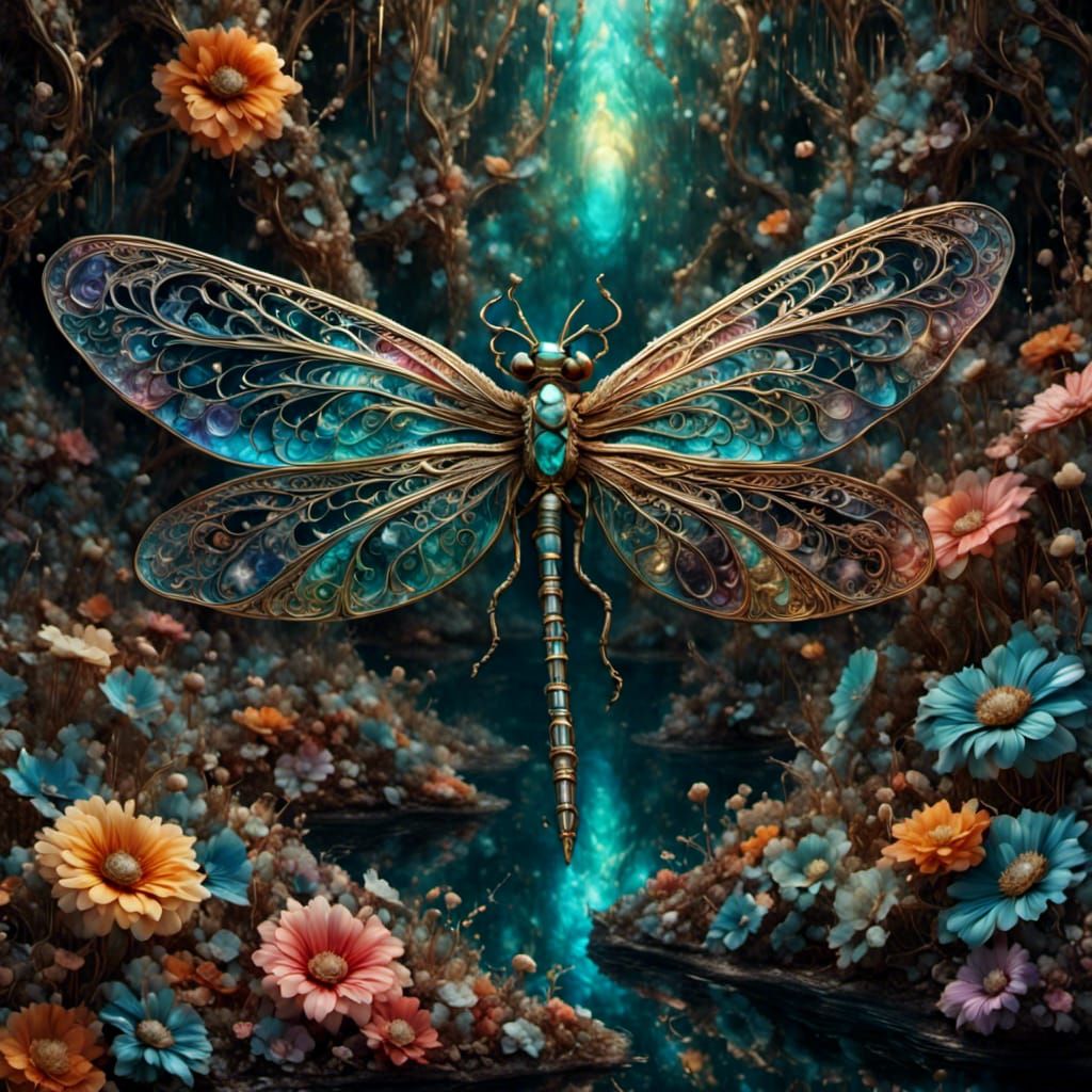 Iridescent Dragonfly with Flowers in 3D