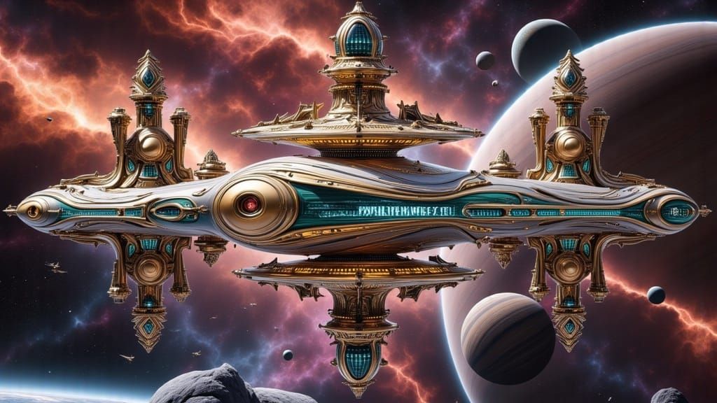 Retro-Futuristic Cosmic Starship in Cosmicpunk Style