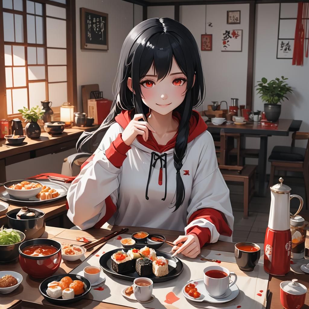 Anime Girl Eating at Kotatsu in 3D Art Style