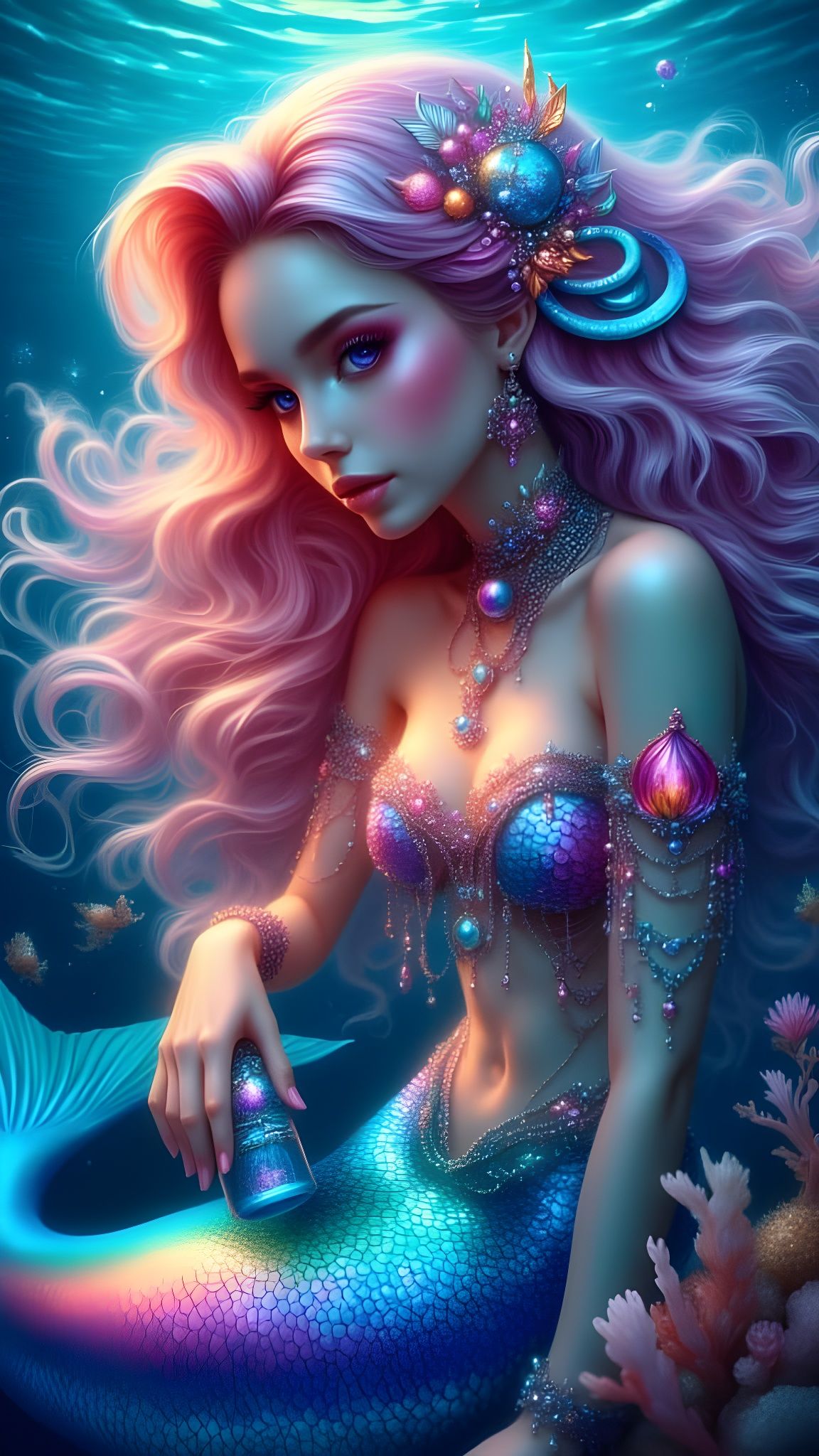 Futuristic Mermaid with Neon Hair in Digital Art