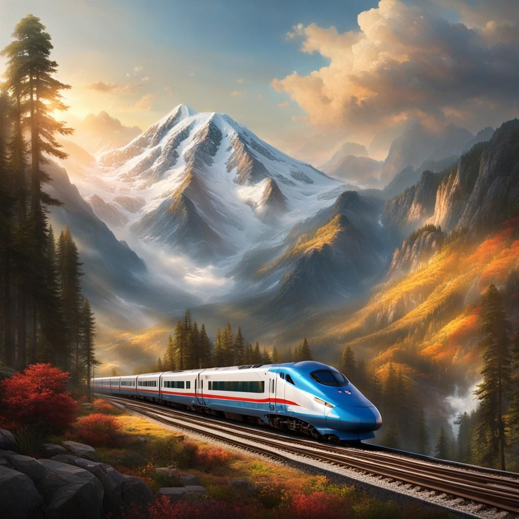 Bullet Train Glides Through Mountain Landscape