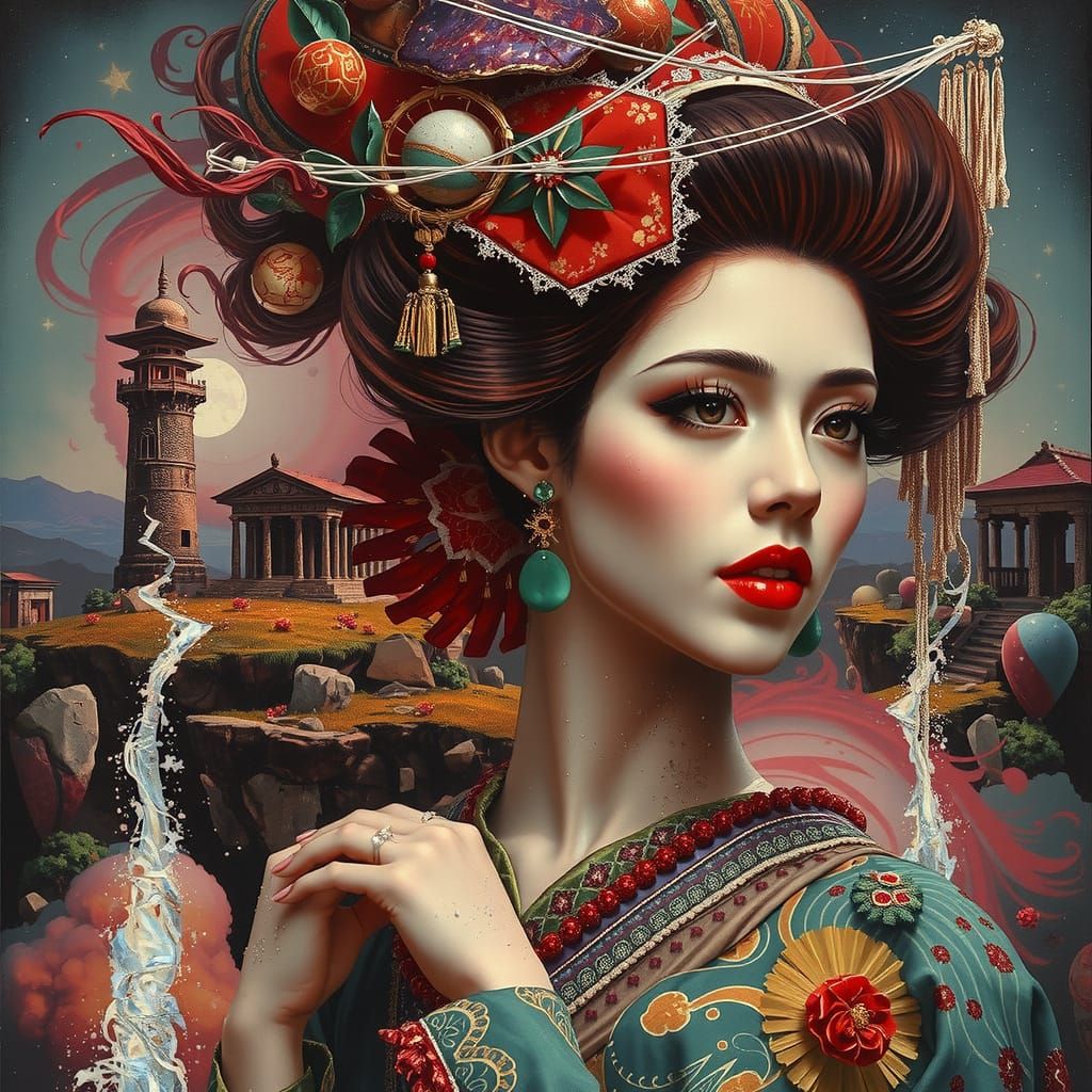 Ethereal Geisha Dances on Floating Island Above Nebula