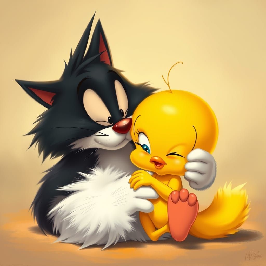 Sylvester Cuddles Tweety Bird in Kitten Costume
