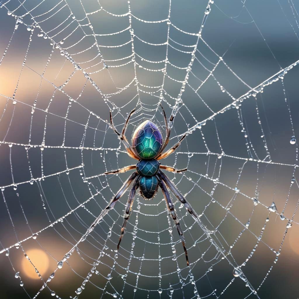 Iridescent Glass Spider Weaving Silver Web