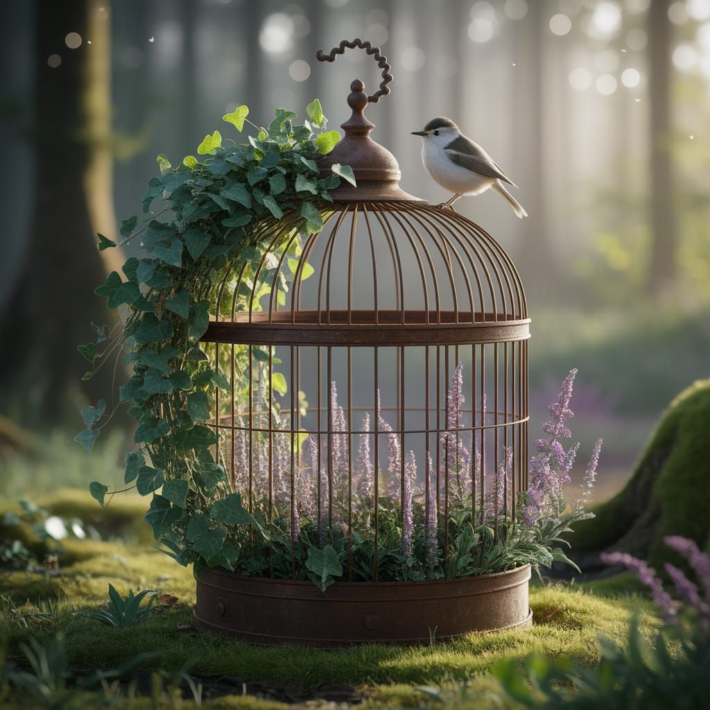 Antique Birdcage Reclaimed by Nature at Dawn