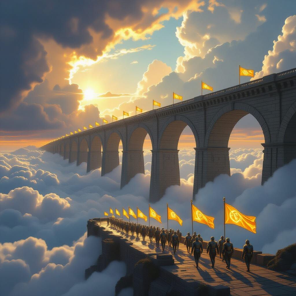 Futuristic March on Ancient Bridge in Stormy Skies