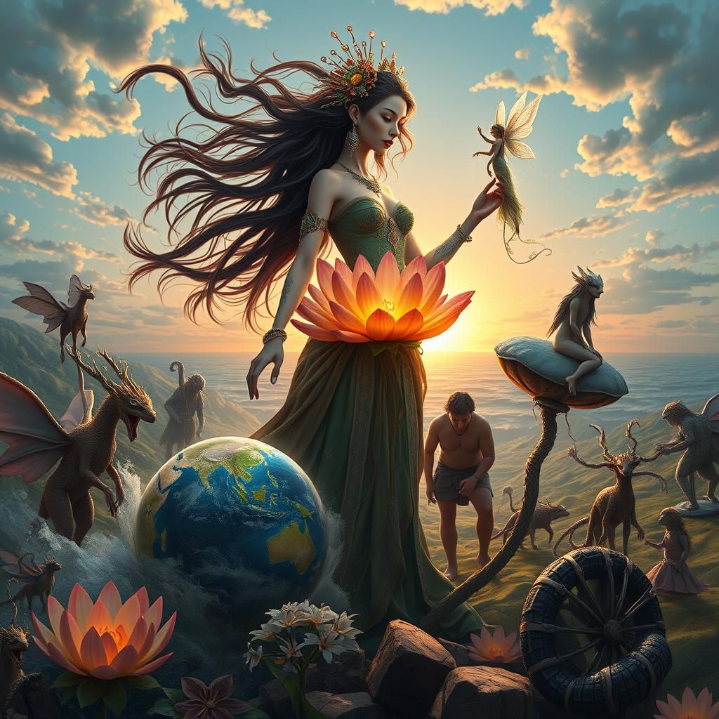 Surreal Gaia Scene with Squarepants Woman in Bio Art