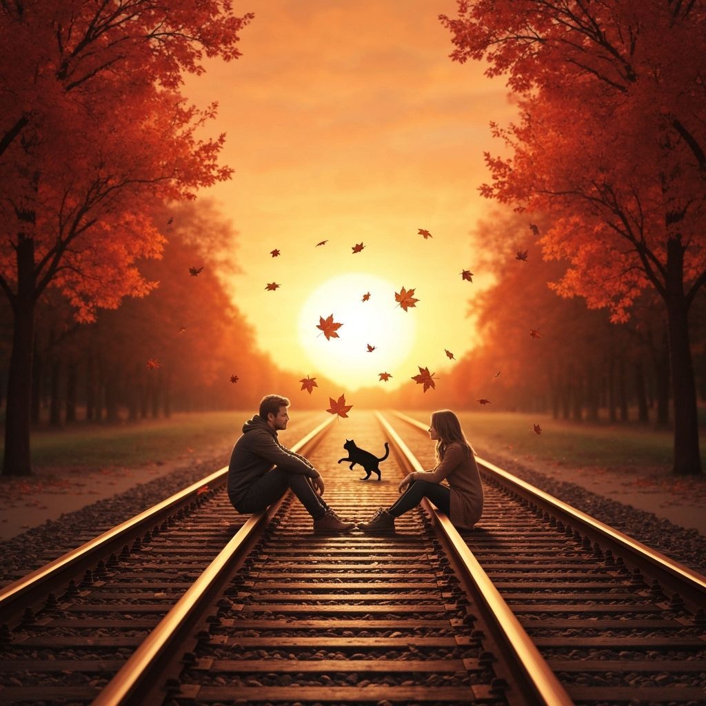 Couple and Cat on Railroad Tracks at Sunset