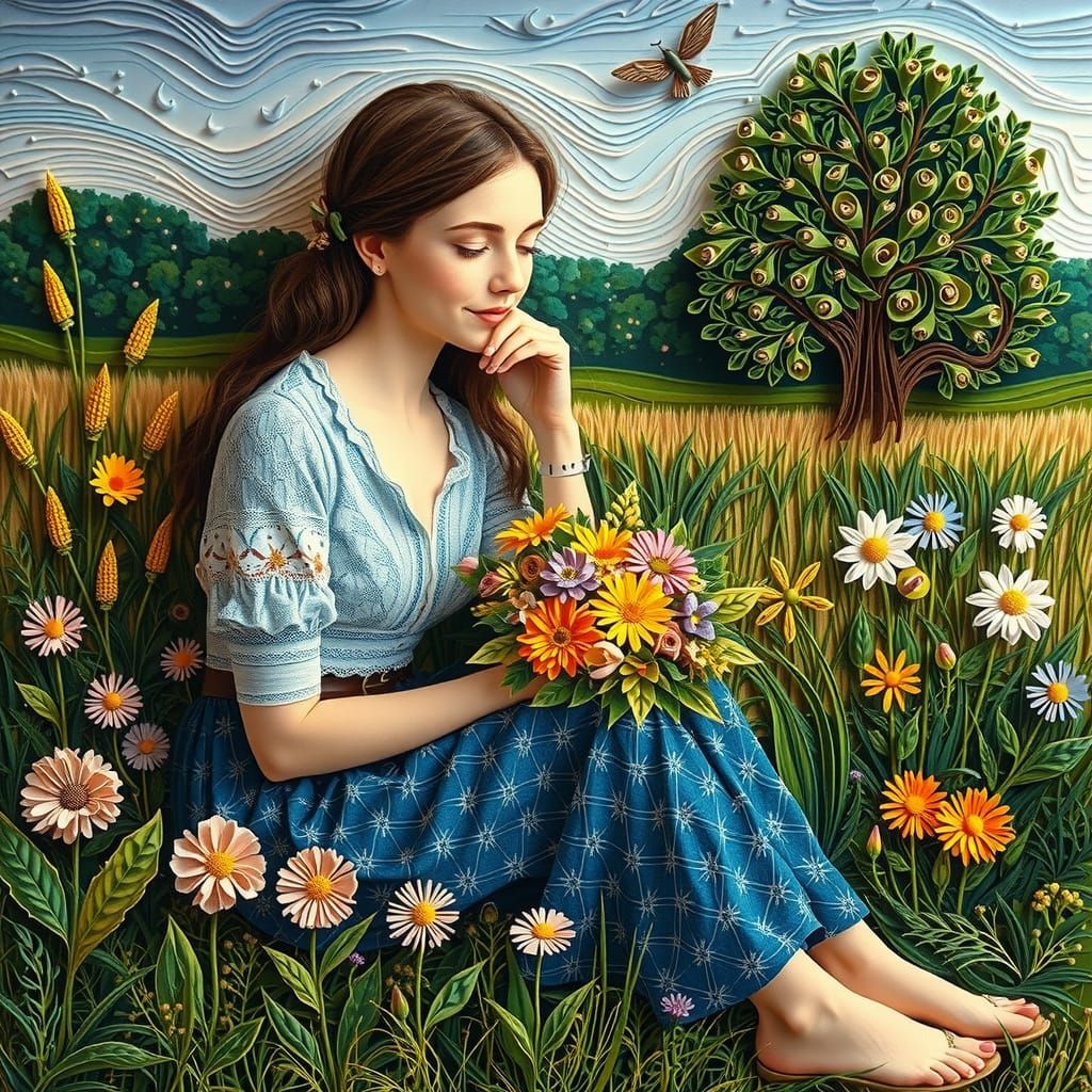Woman in Meadow with Flowers, Intricate Quilling Art