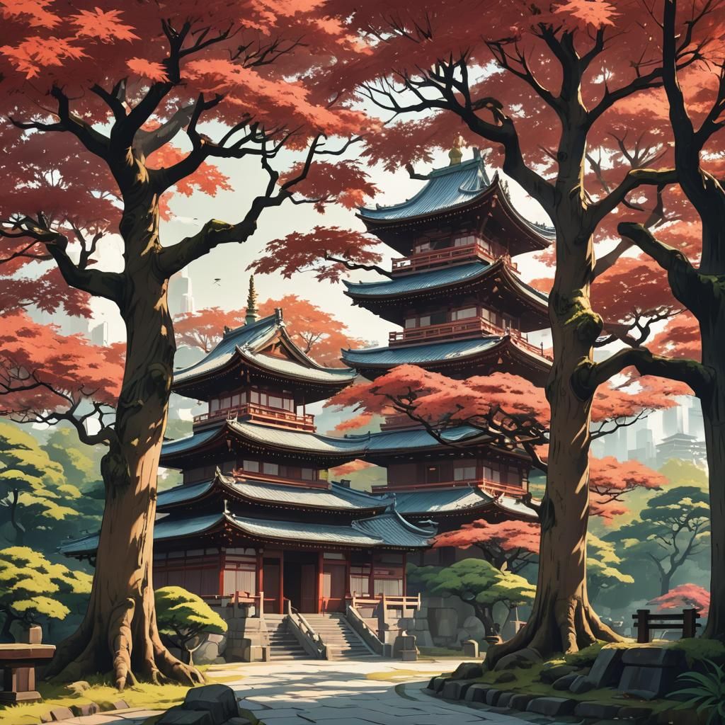 Japanese Temple with Maple Trees in Anime Style