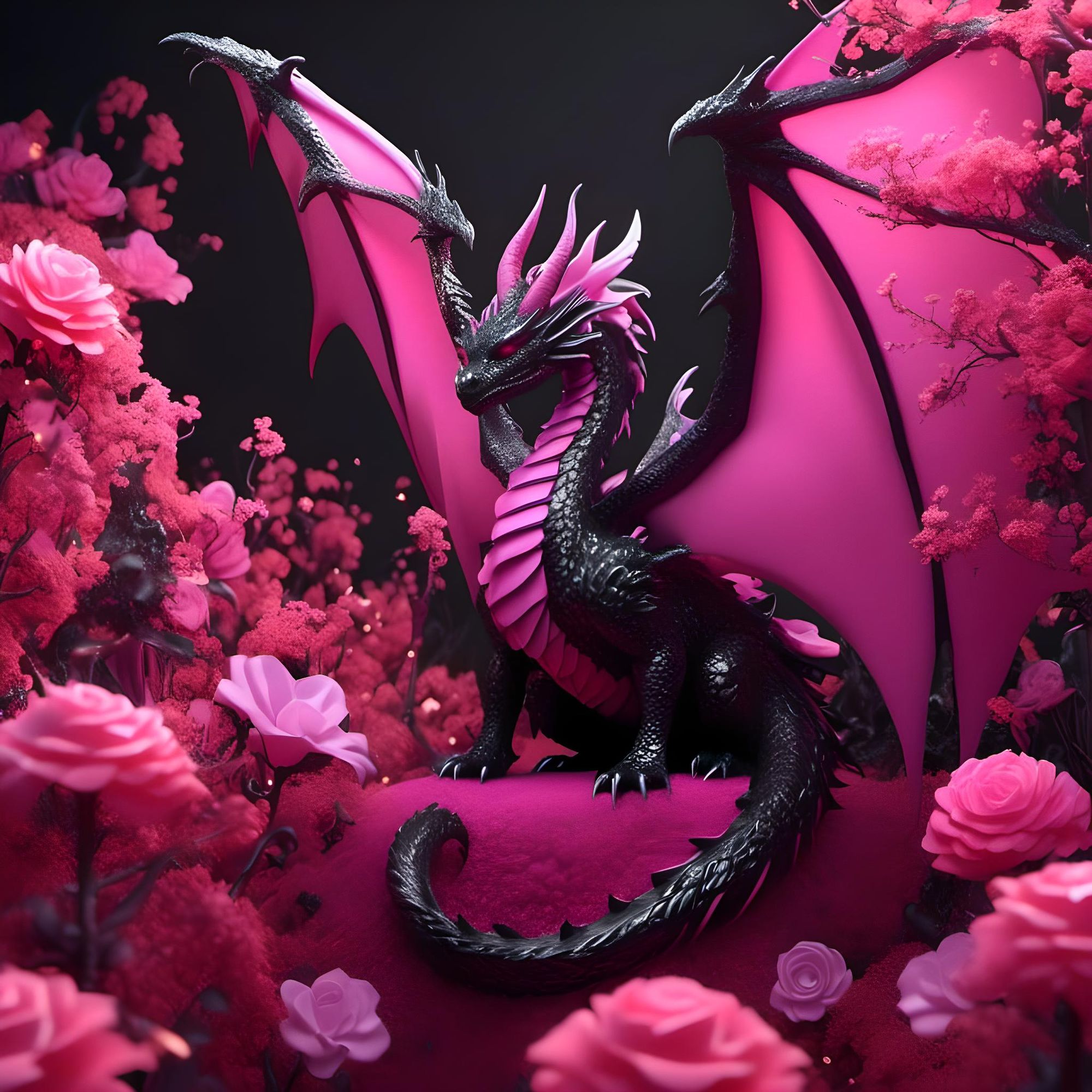 Pink dragon - Hyperrealistic Pink Dragon in Flower Field