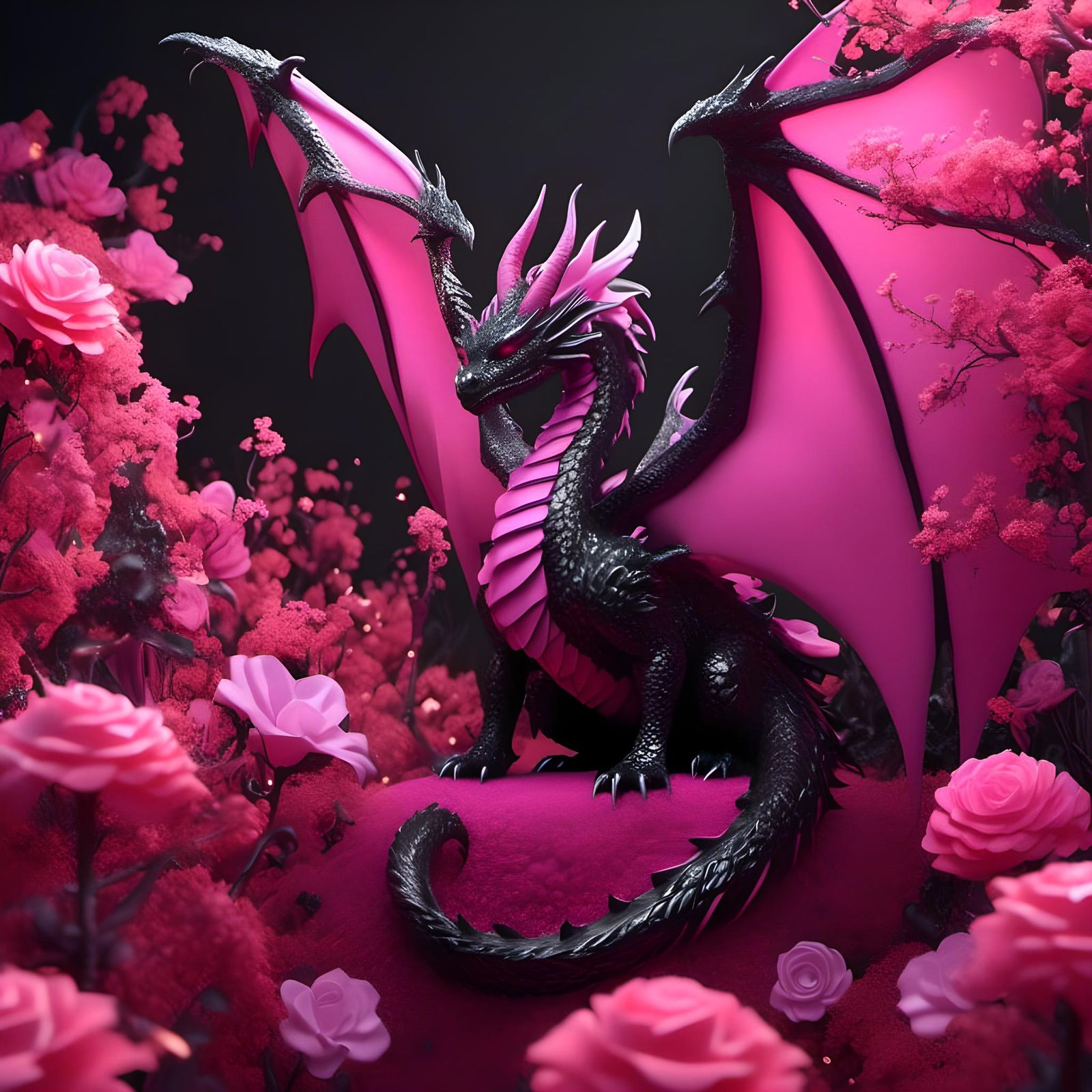 Hyperrealistic Pink Dragon in Flower Field
