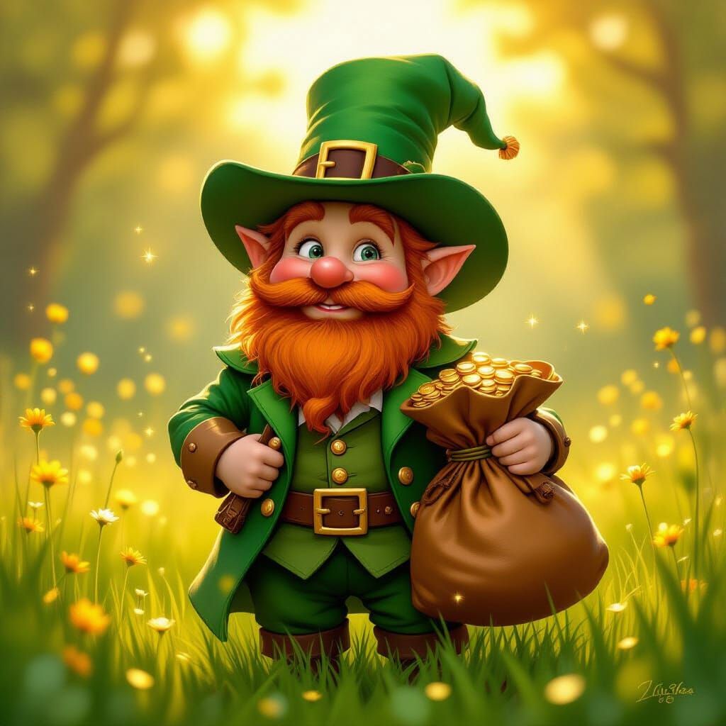 Leprechaun in Meadow with Gold, Storybook Style