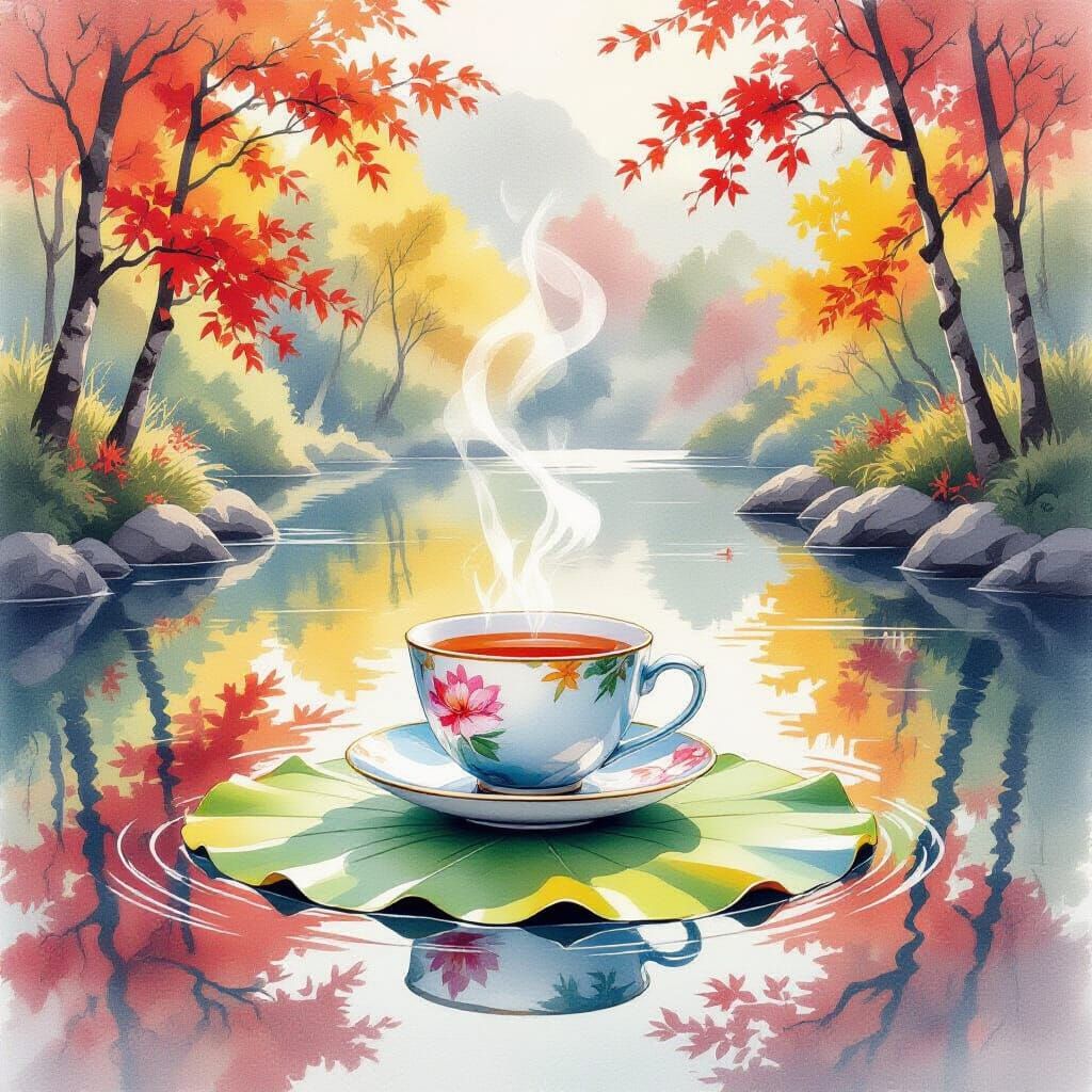Autumn Tea Cup on Lotus Leaf in Monet Style