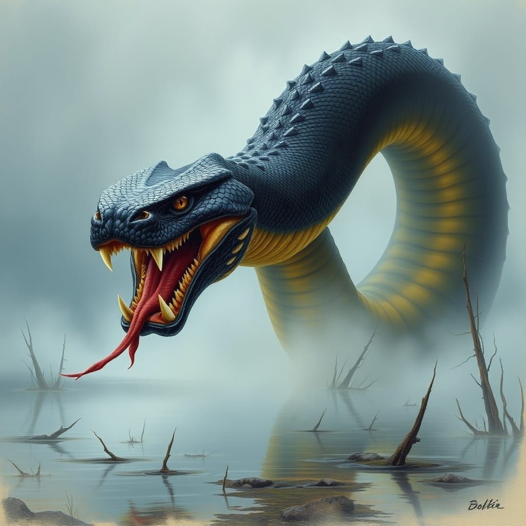 Giant Serpent in Swedish Marsh, Dark Fantasy Art