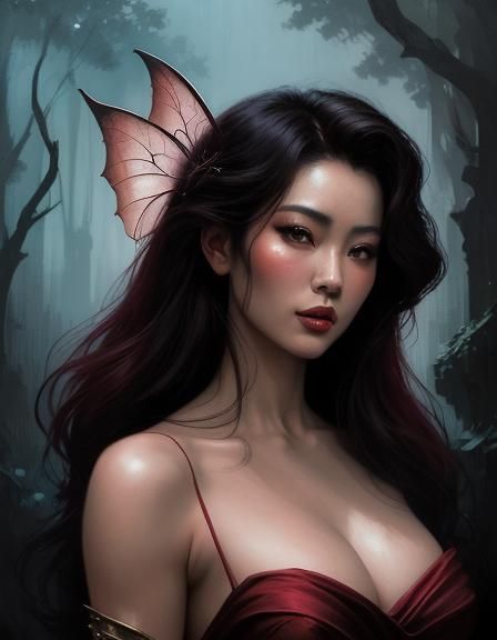 Asian Pinup Portrait in Synthwave Style