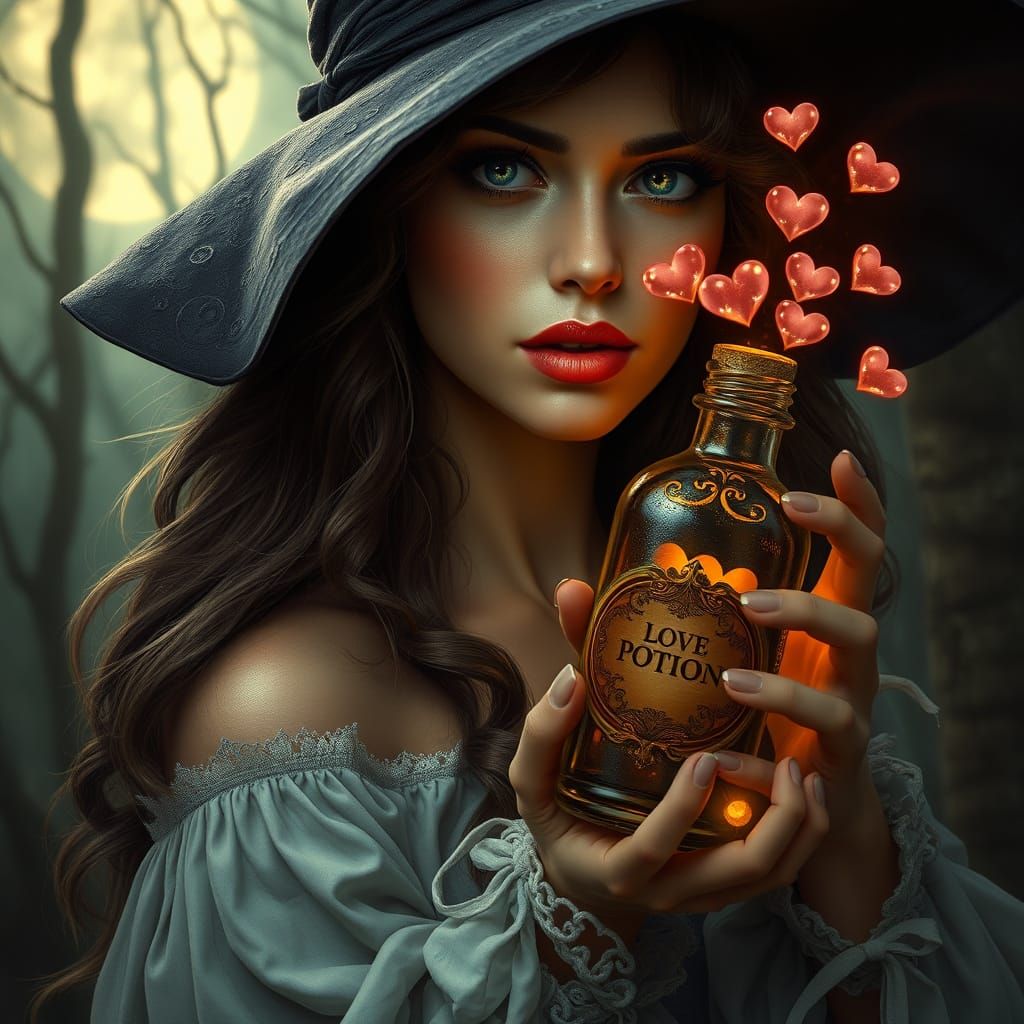 Witch Holding Love Potion in Mystical Forest