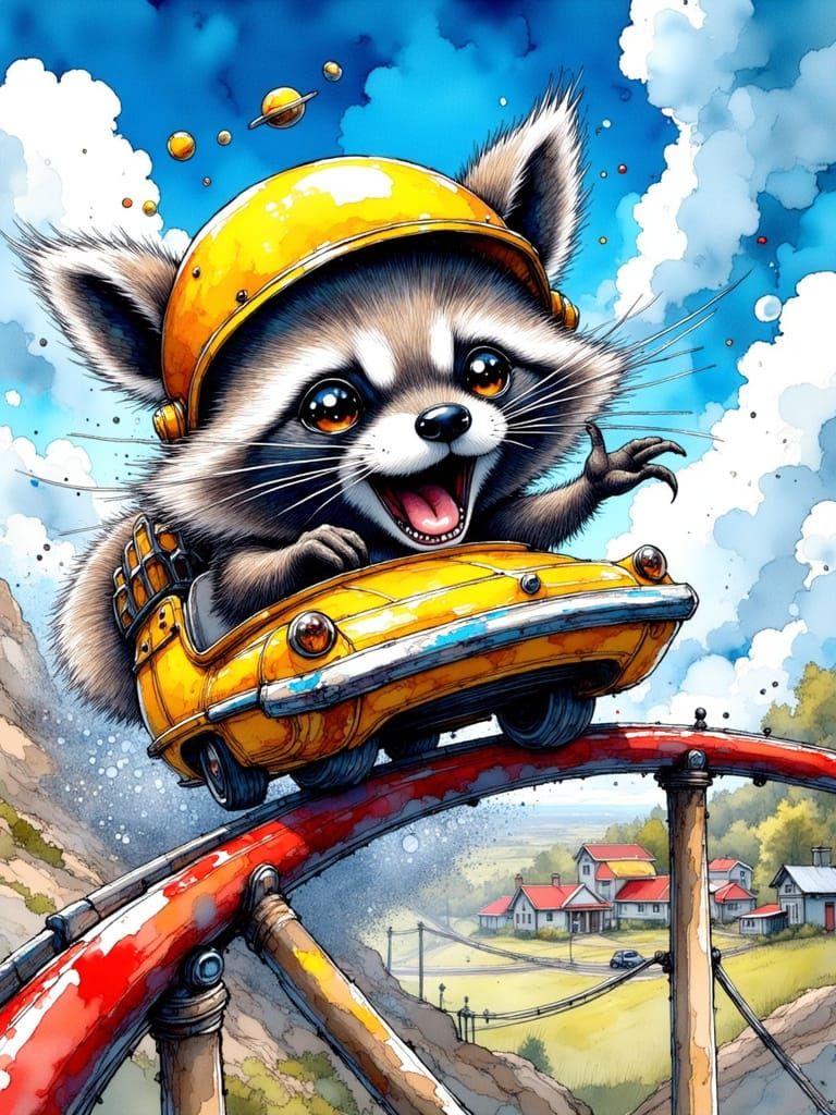 Raccoon Thrill Seeker on Scream Machine Rollercoaster in Ink...