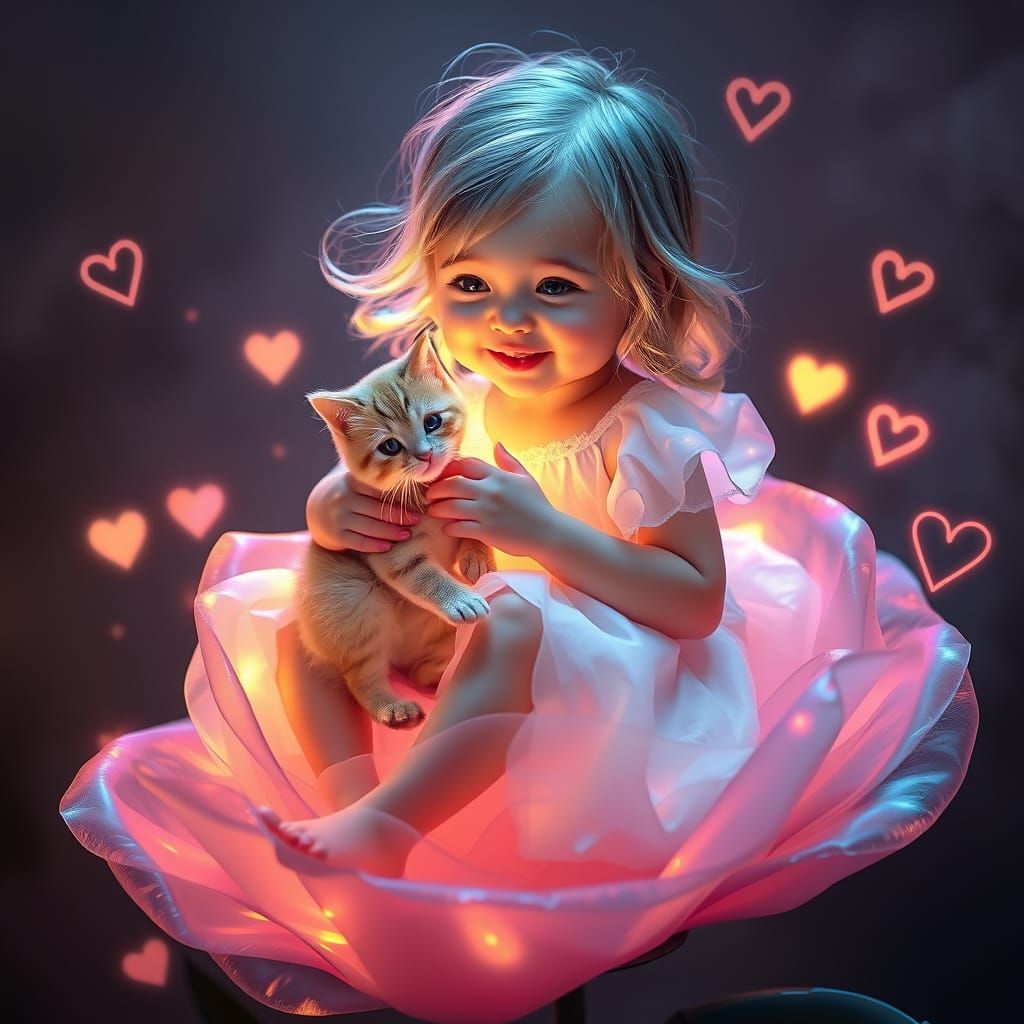 Ethereal Baby Girl with Cat on Luminous Rose