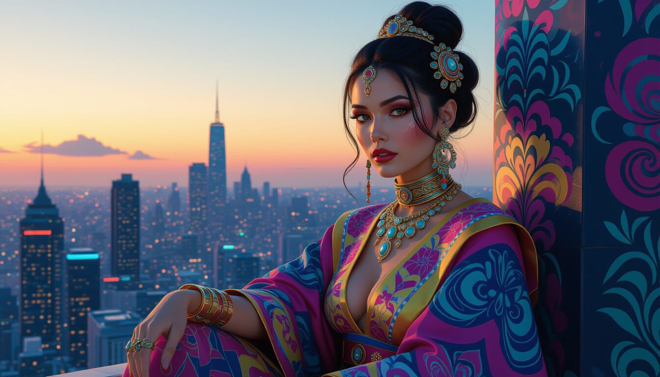 Ornate Woman in Cyberpunk Landscape