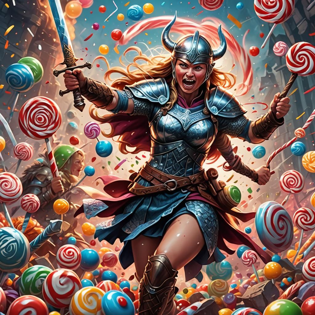 Candy Viking Warrior in a Cartoon Battlefield