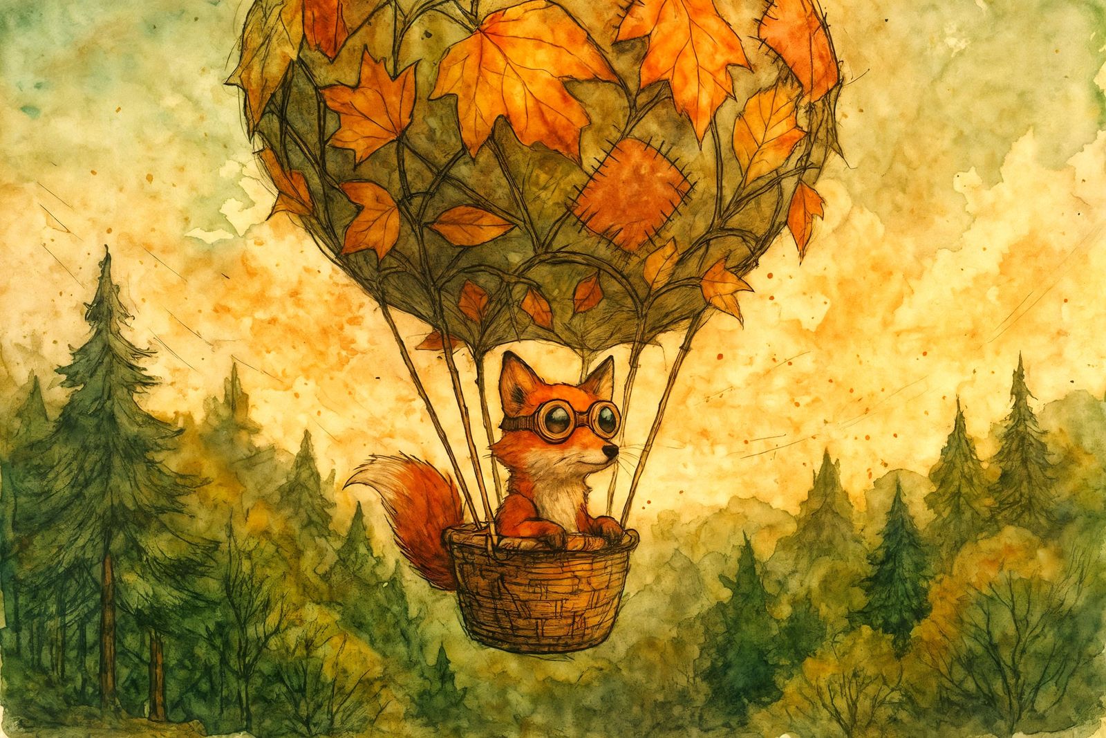 Fox's Hot Air Balloon Adventure in Mixed Media Style