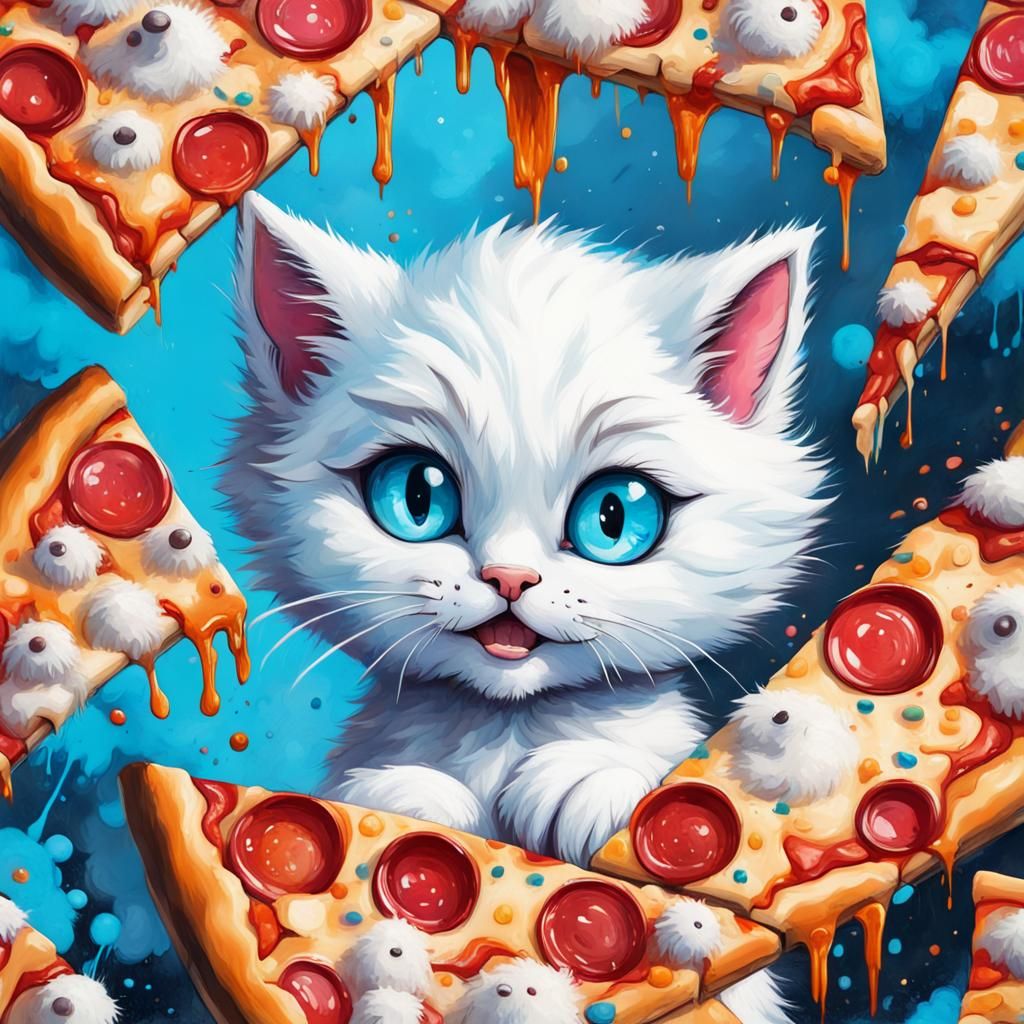 Cute Kitten Plays with Pizza Graffiti Art