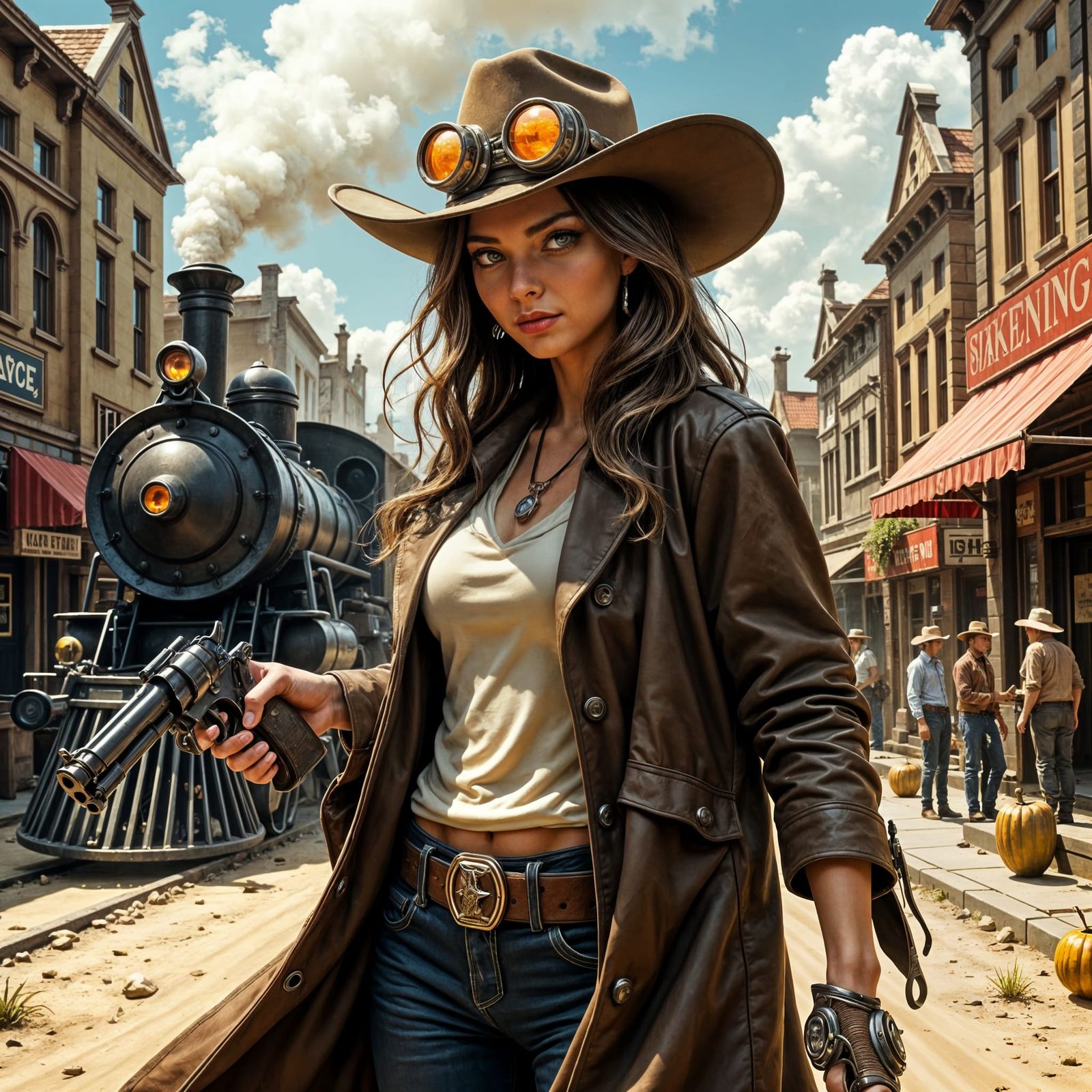 Cattlepunk Girl in Futuristic Wild West Scene