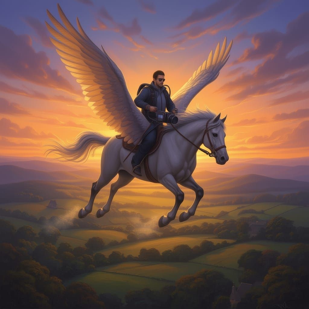 Surreal Digital Painting of Photographer on Winged Horse