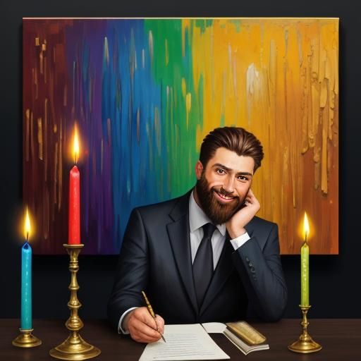 Bearded Man in Gold Suit with Rainbows: Expressionist 3D Ren...