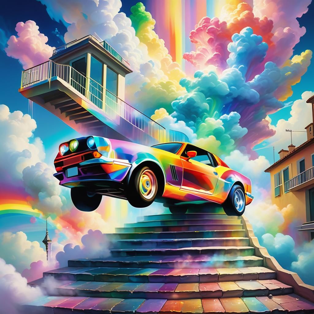 Surreal Sports Car Ascends Colorful Crystal Stairs in Vibran...