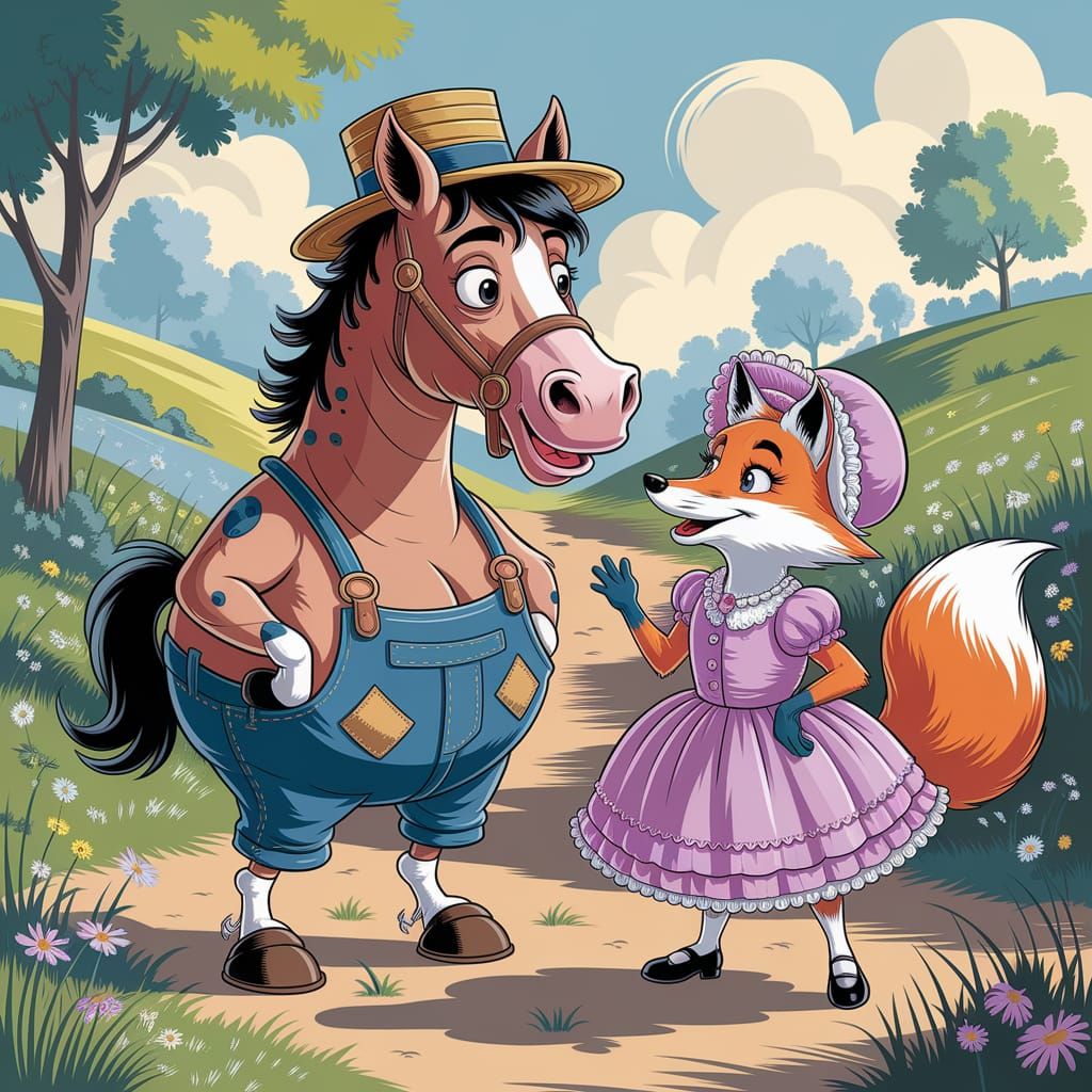 Whimsical Horse and Fox Caricature in Sunlit Countryside