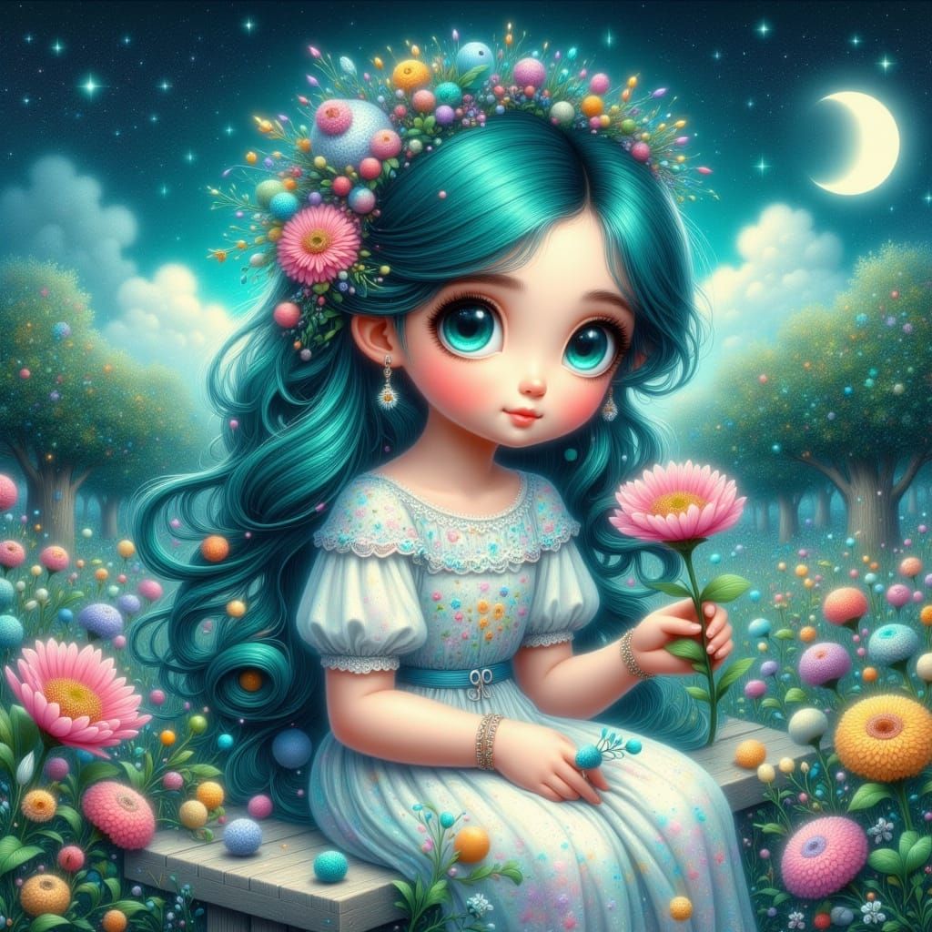 Stylized Girl with Teal Hair in Moonlit Garden