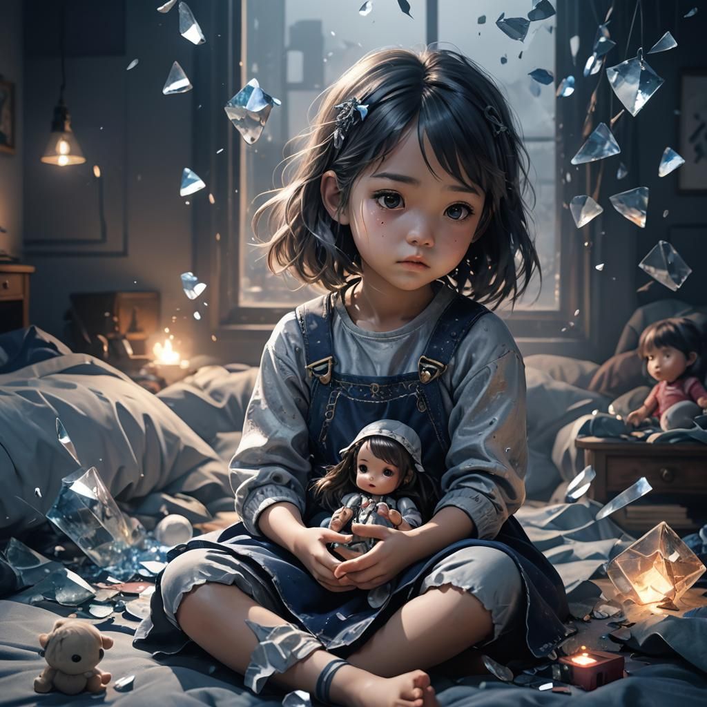 Afraid Girl with Doll in Smoky, Shattered Room