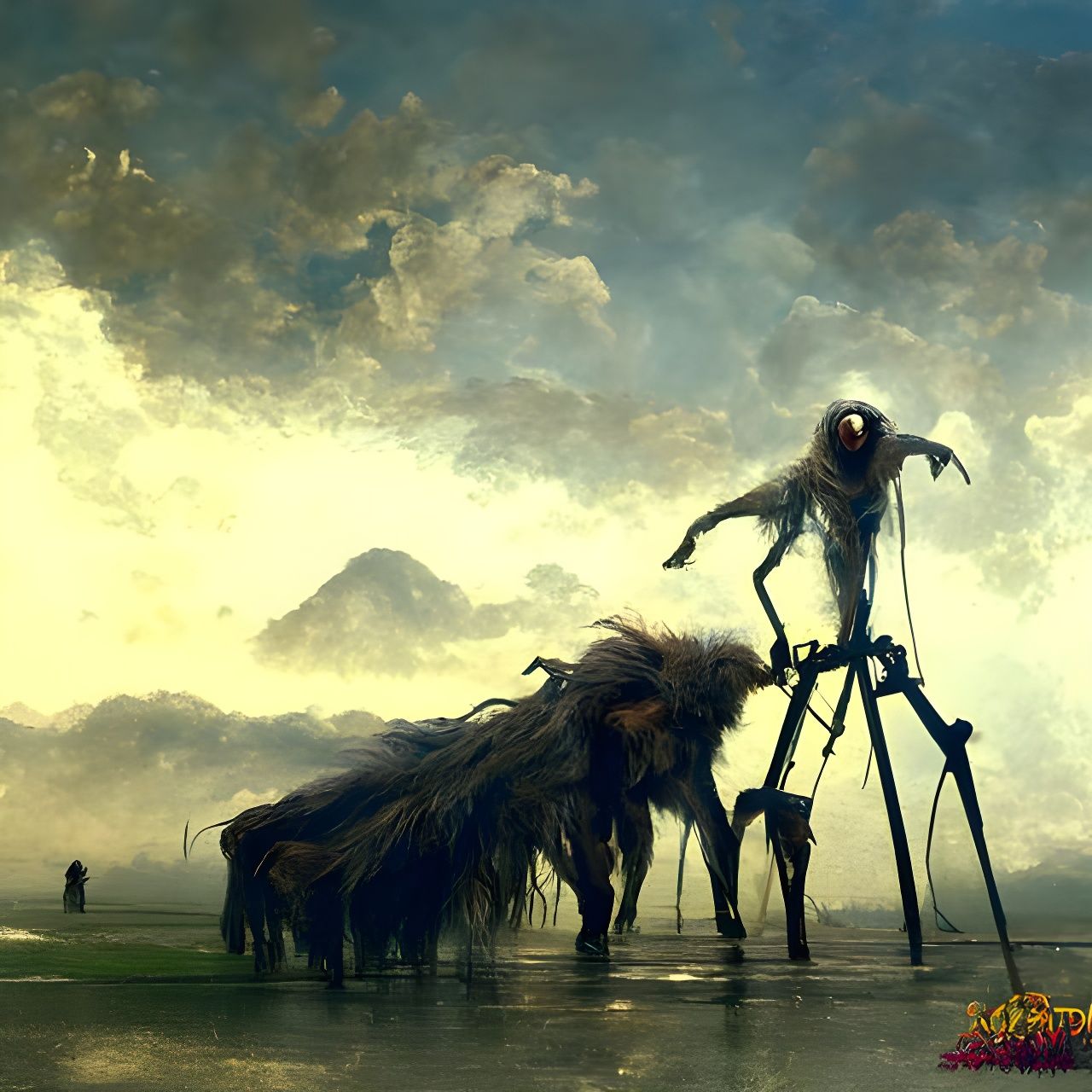 Creepy Stilt-Walker Monsters in Foggy Expanse