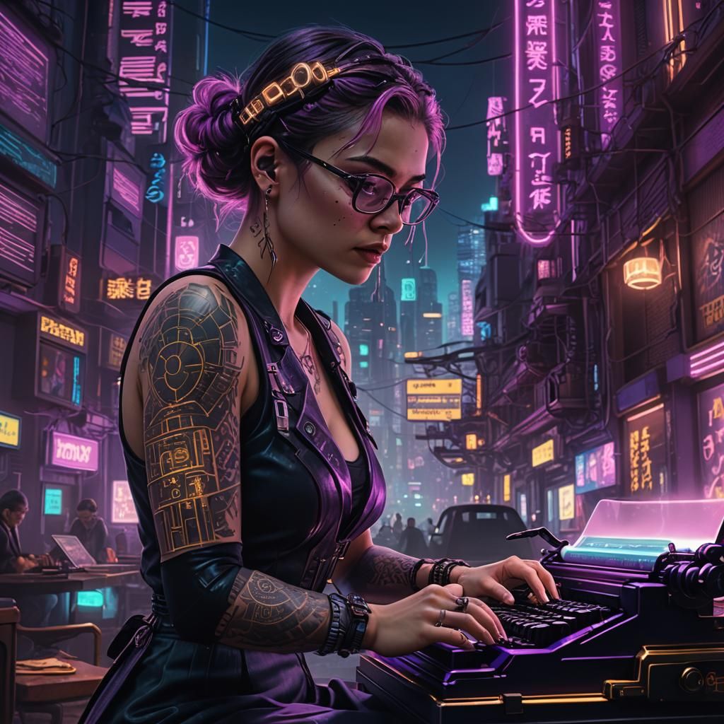 Cyberpunk Cityscape with Woman at Typewriter