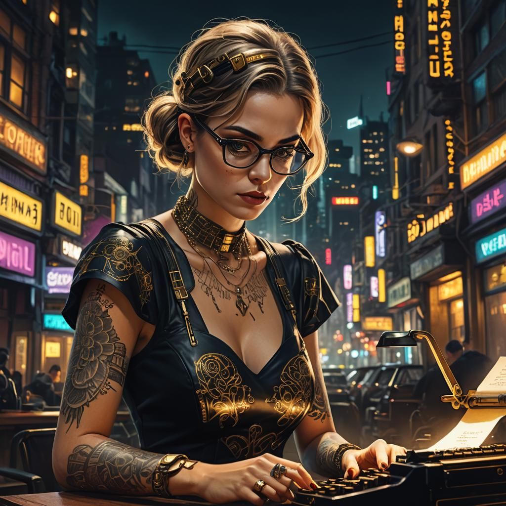 Cyberpunk Tattoo Artist in Futuristic Cityscape
