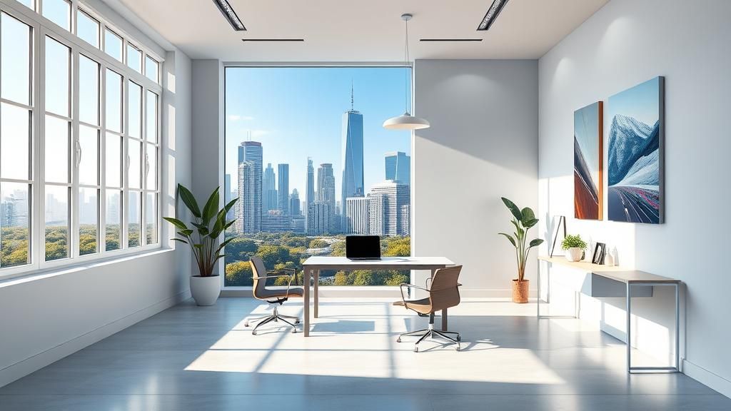 Modern Office with Cityscape View as 3D Art