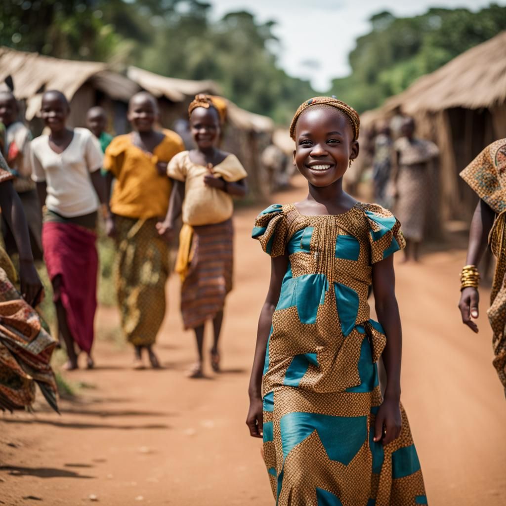 Smiling African Princess Walking Down a Road