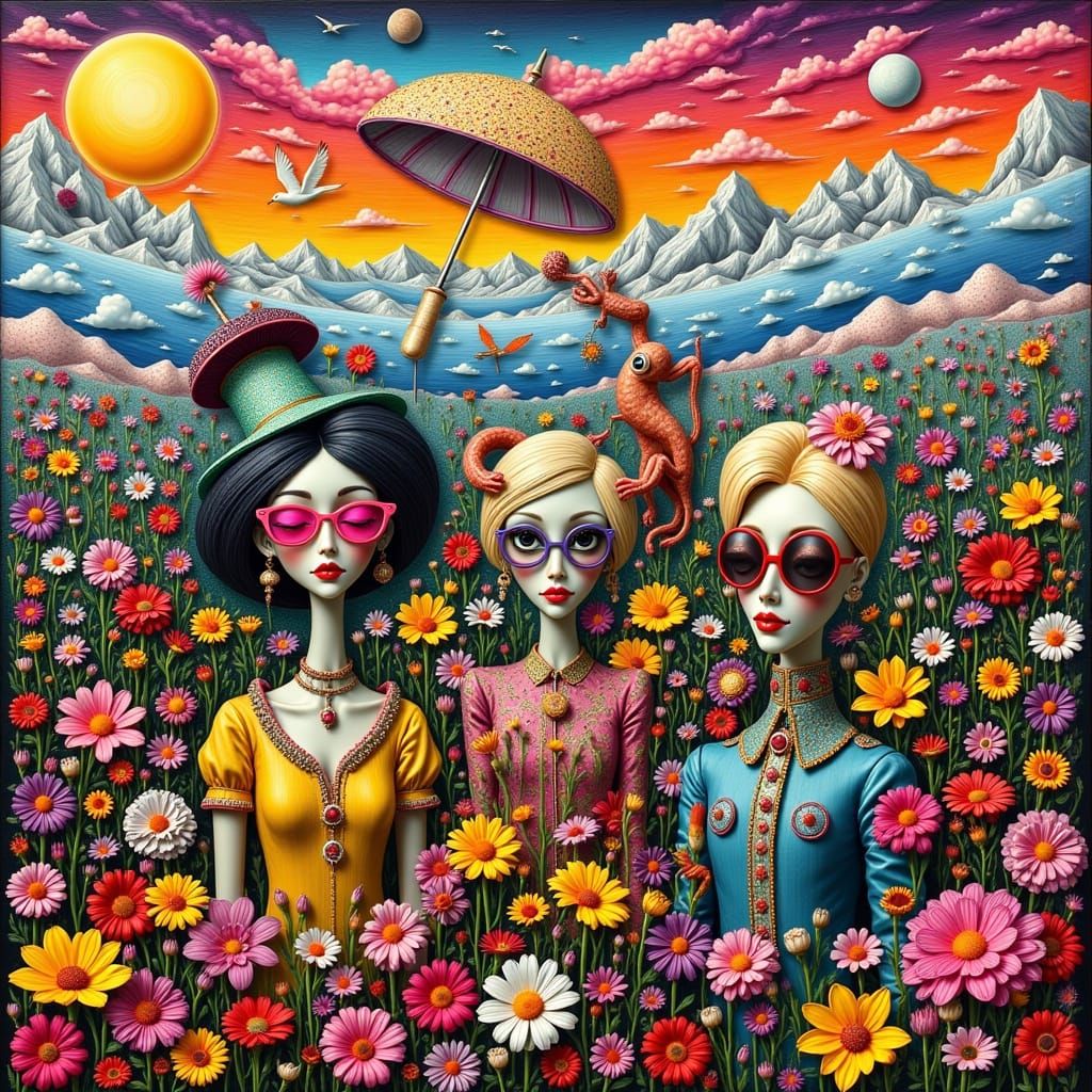 <lora:MESSY POP SURREALIST:1.0>  A trio of elongated, Giacom...