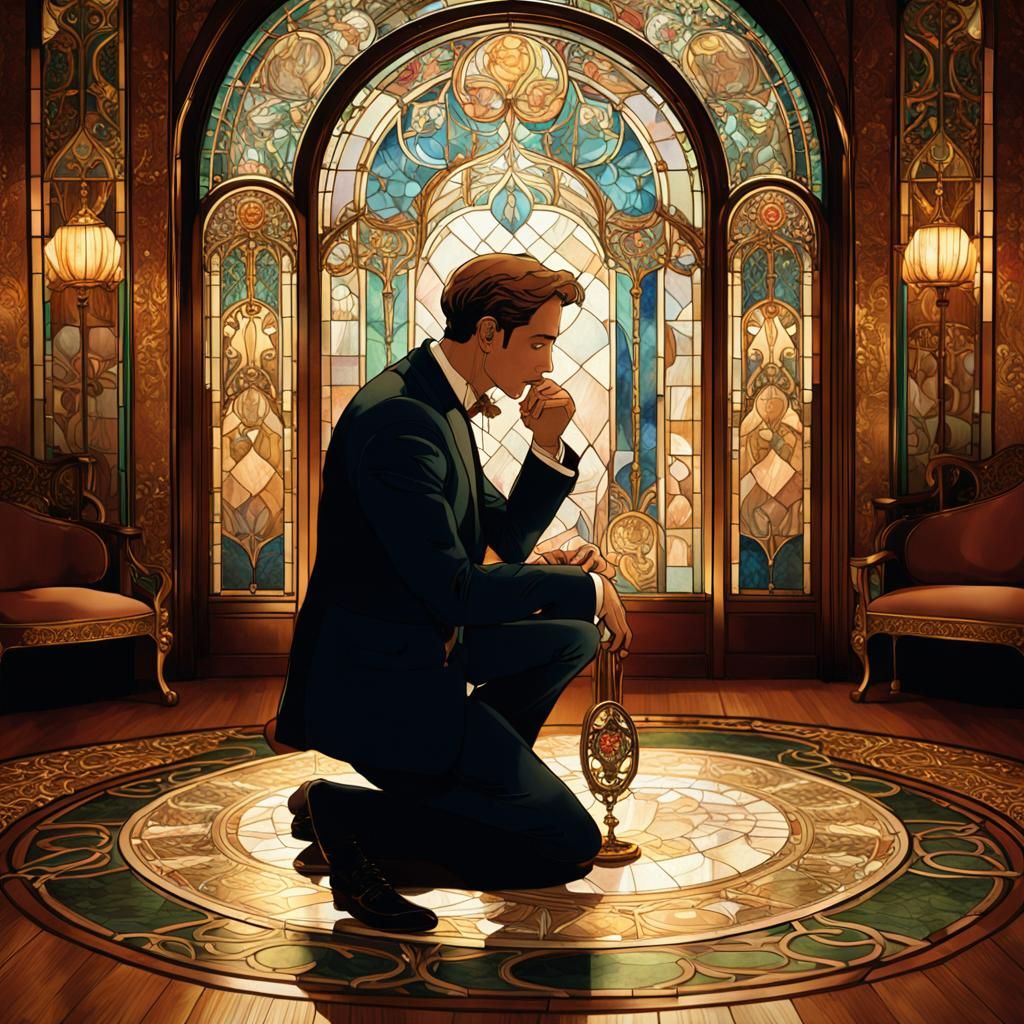 Art Nouveau Suitor Proposing in Ornate Room